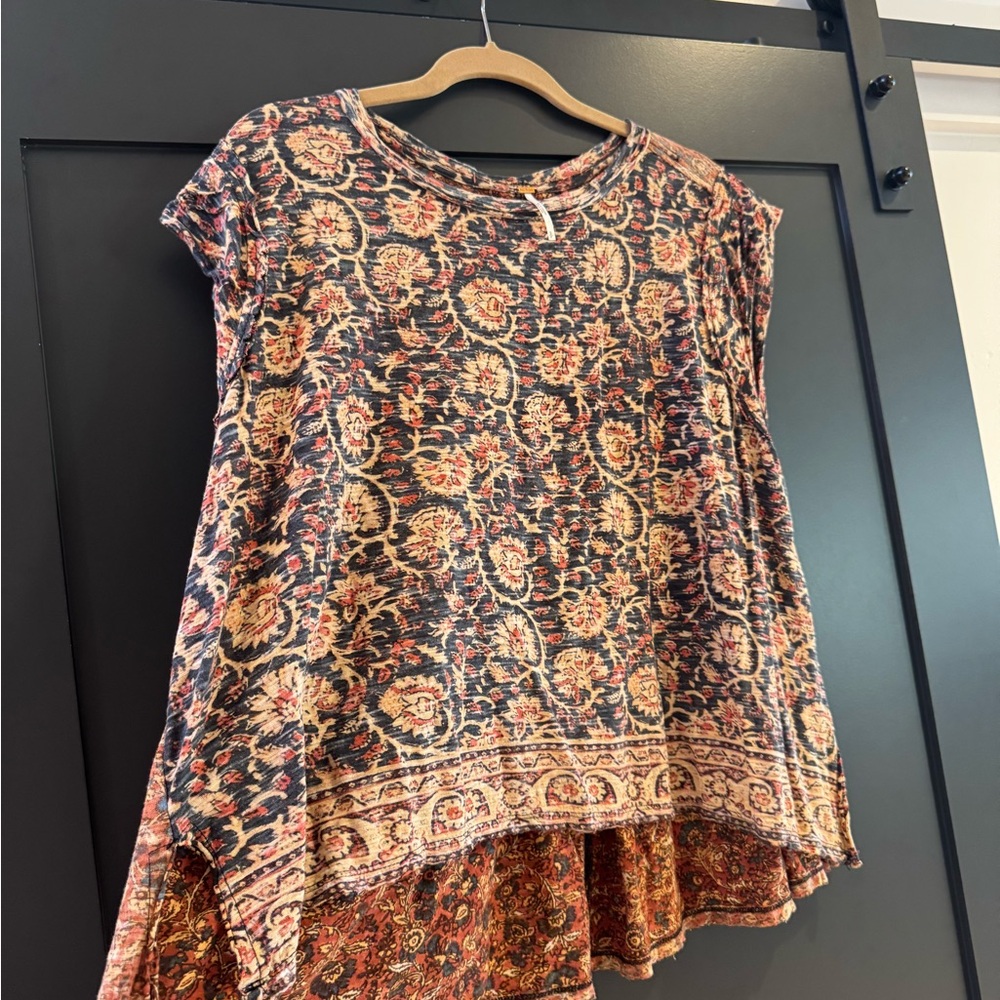 Free People Red and Brown Asymmetrical Flutter Sleeve Blouse